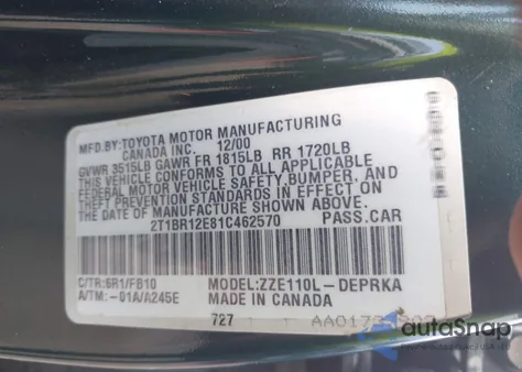 2001 Toyota Corolla Ce z USA, uszkodzony, nr VIN 2T1BR12E81C462570